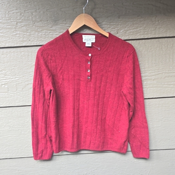 Eddie Bauer Red Ribbed At Fine Italian Merino Wool Henley Sweater Cropped Large - Picture 1 of 5